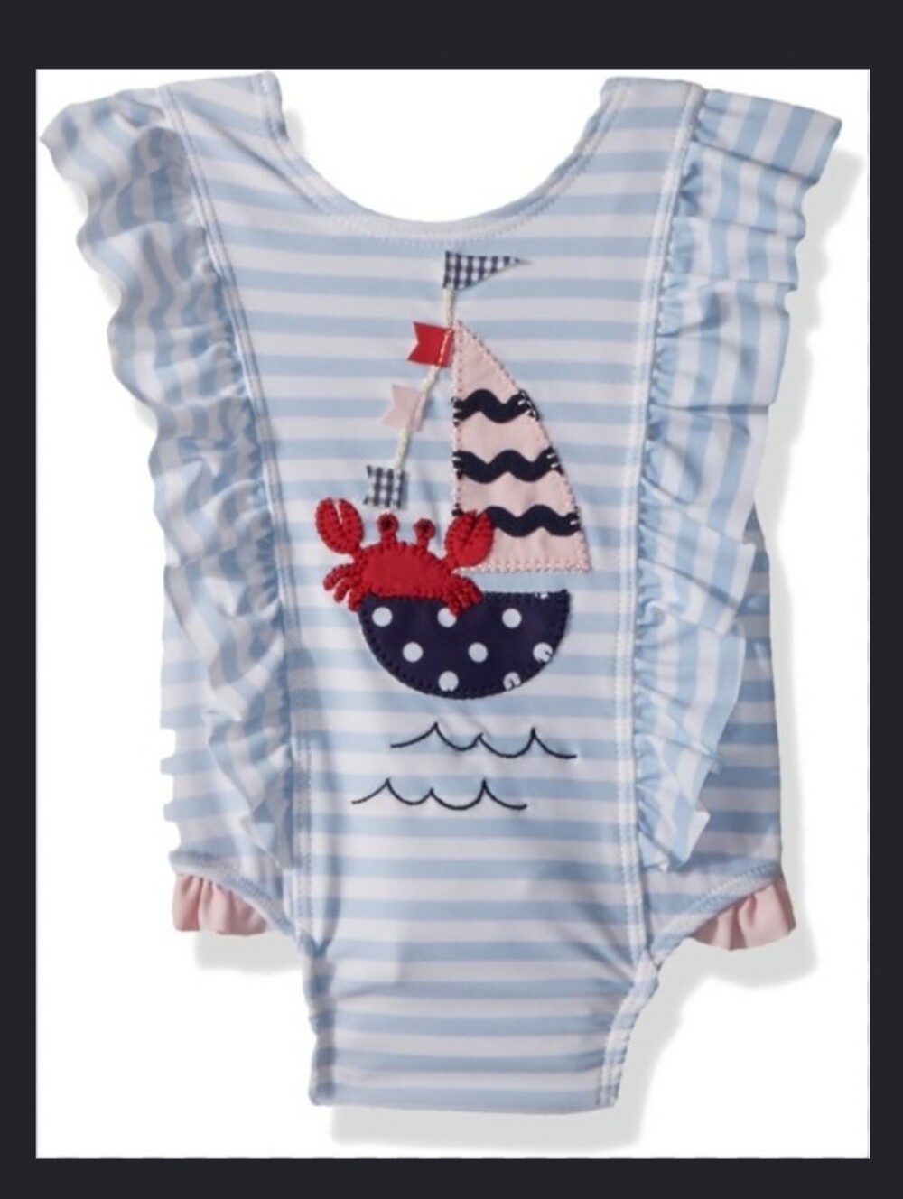 Mud Pie Baby Girls' Sailboat Ruffle Striped One Piece Swimsuit Size 9-12 Months - Picture 1 of 7
